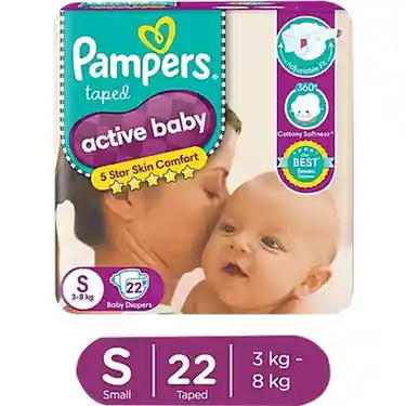 Pampers Active Baby Taped Diapers - Soft, Up To 12 Hours Absorption, 5 Star Skin Comfort, Small, 22 pcs